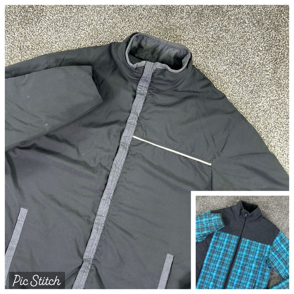 Club Ride Reversible Quilted Jacket‎ Mens Medium Black Grey Blue Plaid Outerwear